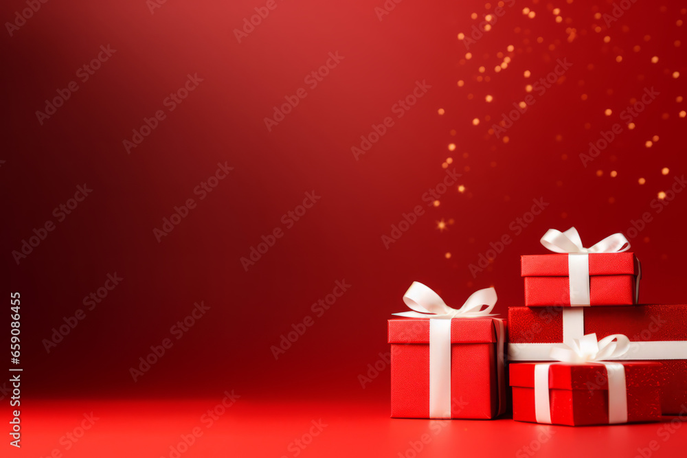 Wrapped gifts in festive red with golden ribbons for holiday celebrations and special occasions, generative ai Wrapped gifts in festive red with golden ribbons for holiday celebrations and special occasions, generative ai