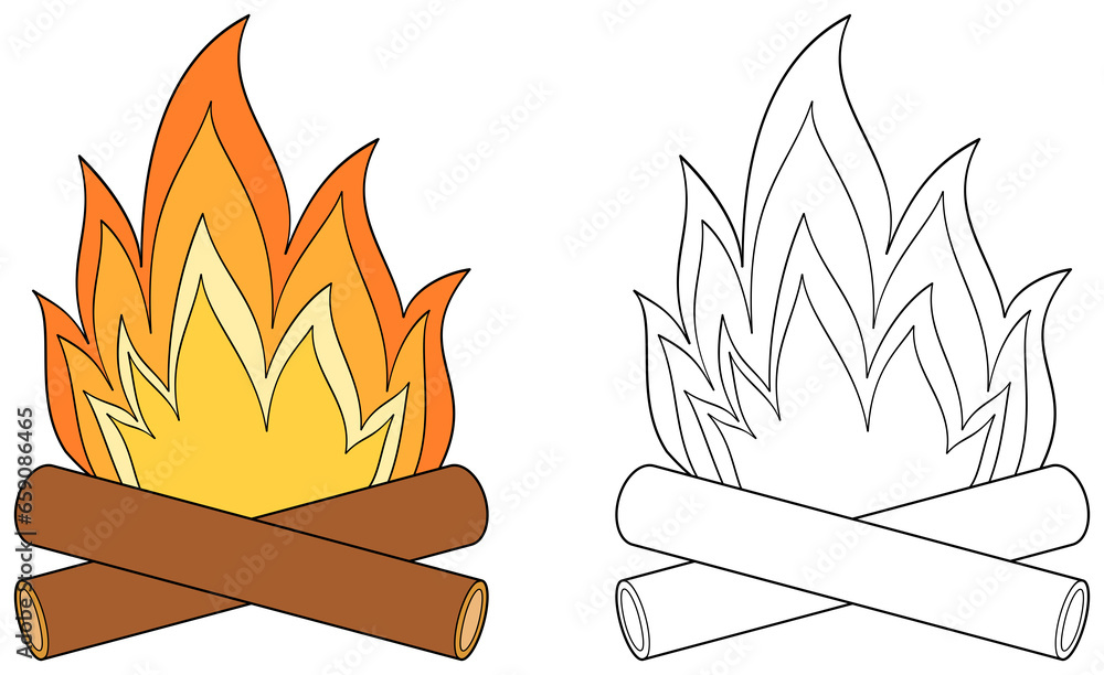 Camp fire colorful and outline. Coloring book page for children ...