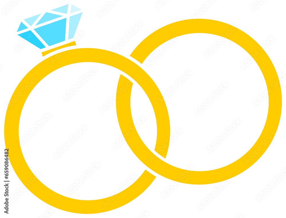 Two golden wedding rings with gemstone icon. Married symbol. Connected ring with diamond. Two golden wedding rings with gemstone icon. Married symbol. Connected ring with diamond.