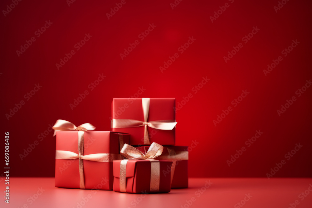 Wrapped gifts in festive red with golden ribbons for holiday celebrations and special occasions, generative ai Wrapped gifts in festive red with golden ribbons for holiday celebrations and special occasions, generative ai