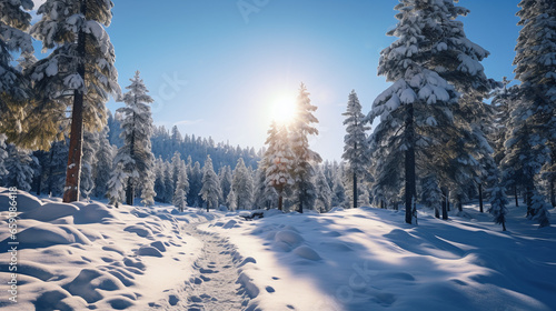 Sunrise between trees in winter scenery