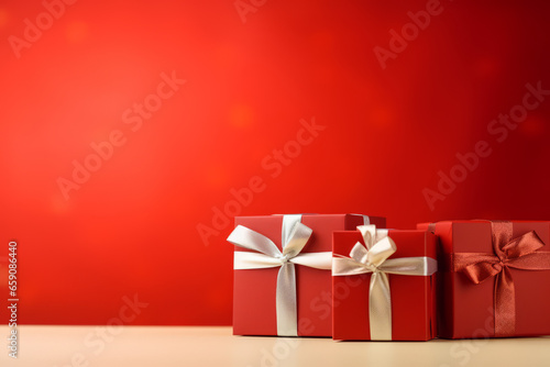 Wallpaper Mural Wrapped gifts in festive red with golden ribbons for holiday celebrations and special occasions, generative ai Torontodigital.ca