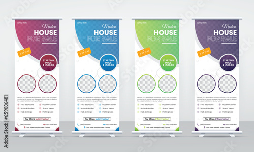 Home or house for sale roll up pull up x banner standee signage design template, modern corporate real estate agency business ads banner vector editable layout with place for photos bundle set