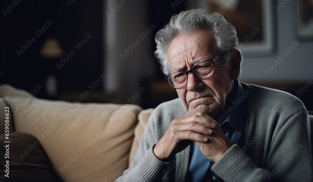 Elderly upset man crying while sitting on sofa
Elderly upset man crying while sitting on sofa