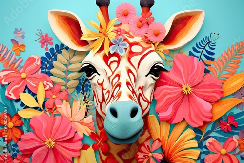 Giraffe with flowers rhomboid illustration with bright colors and playful patterns