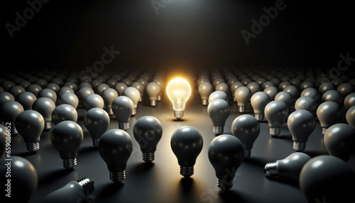 3D rendered image of an environment dominated by darkness, where a lone lightbulb shines brilliantly among a group of dormant bulbs. 
