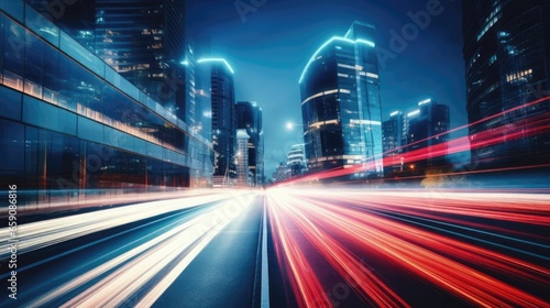 Light trails on the modern building background. Light trails at night in urban environment, Abstract Motion Blur City, traffic, transportation, street, road, speed