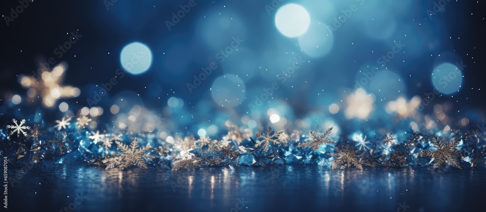 Festive blue background with twinkling stars and snowfall - obrazy, fototapety, plakaty 