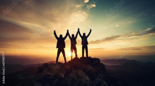Silhouette of business team stand and feel happy on the most hight at stand on sunset  success  leader  teamwork  target  Aim  confident  achievement  goal  on plan  finish  generate by AI