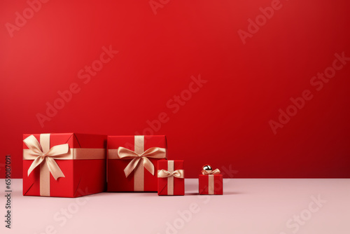 Wrapped gifts in festive red with golden ribbons for holiday celebrations and special occasions, generative ai © Phanida