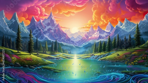 Fantasy landscape with mountains and lake. Digital painting.Melodic Landscapes  music background.