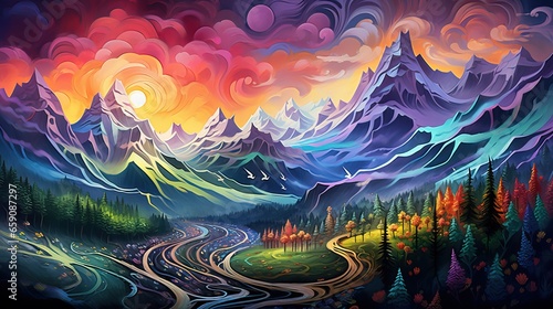 Fantasy landscape with mountains and lake. Digital painting.Melodic Landscapes ,music background. © png-jpeg-vector