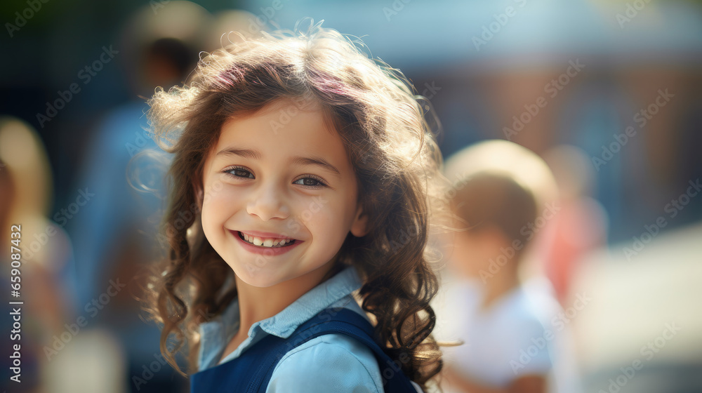 In her classroom, a primary school girl wears a joyful smile, expressing her happiness. In her classroom, a primary school girl wears a joyful smile, expressing her happiness.