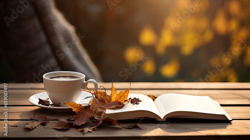 White cup of coffee and book on the autumm mood. AI Generative