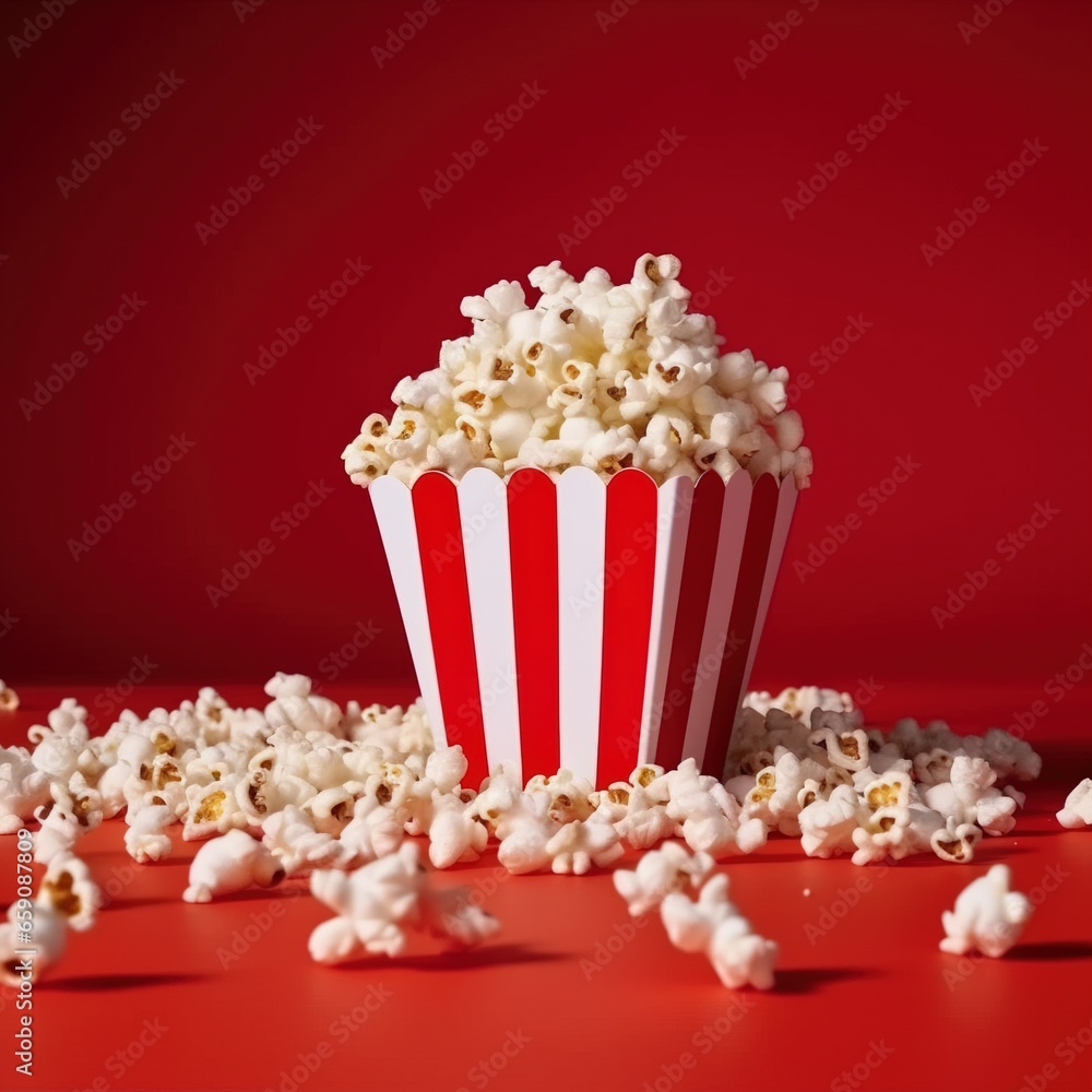 Cup with delicious popcorn against red background. Popcorn scattered over red background. Watching cinema. Cup with delicious popcorn against red background. Popcorn scattered over red background. Watching cinema.