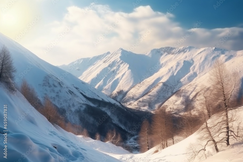Scenic winter view of snowy mountains. Generative AI