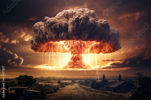 A powerful nuclear explosion creates a grand mushroom cloud. Generative AI