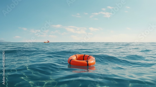 A rescue buoy, also known as a life buoy, floating in the sea, ready to save individuals from drowning.