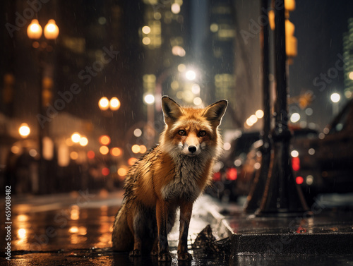A Photo of a Fox on the Street of a Major City at Night