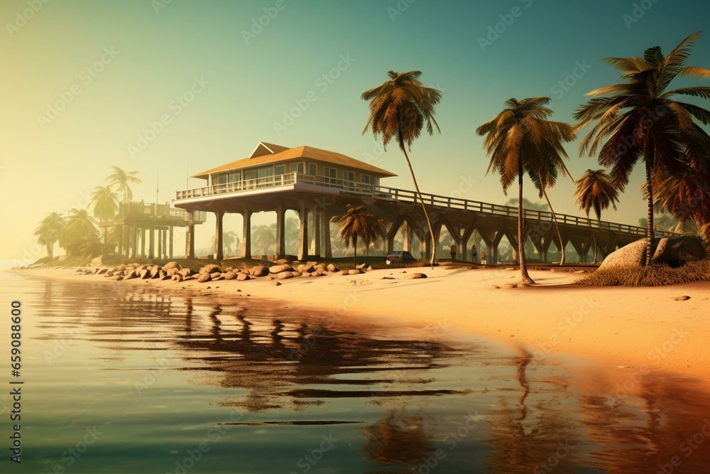 Palm-fringed sandy beach with a marina pier. Generative AI