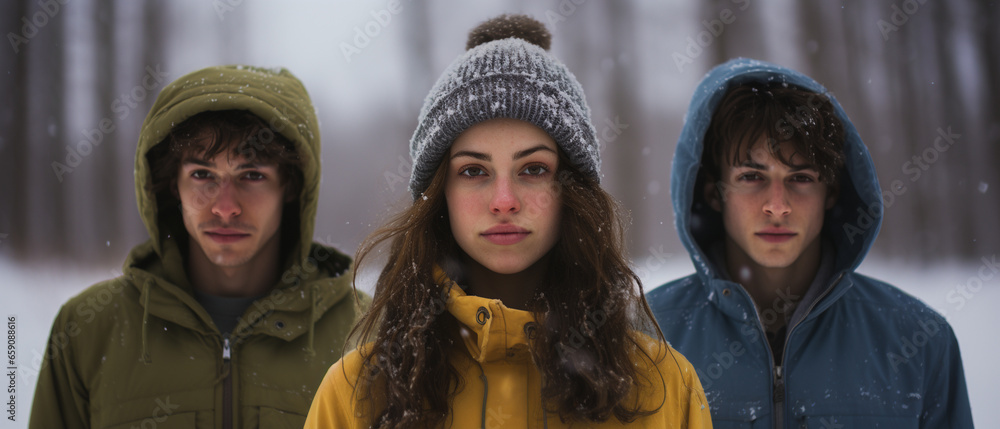 portrait of three brunette friends in a snowy forest