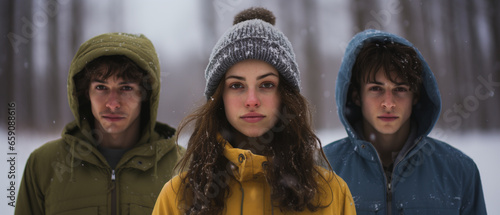 portrait of three brunette friends in a snowy forest