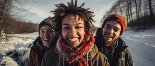 portrait of a group of friends in a winter landscape