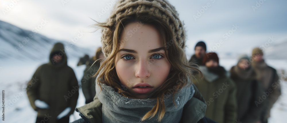 portrait of a group of friends in a winter landscape portrait of a group of friends in a winter landscape