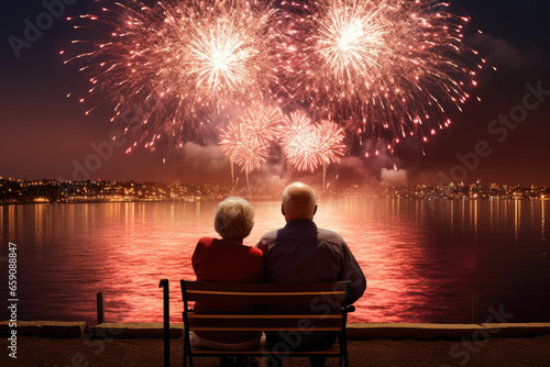 Unrecognizable old couple sitting in front of a lake watching fireworks over the city at night. Generated by AI