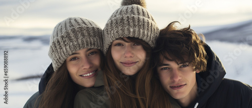 portrait of a group of friends in a winter landscape