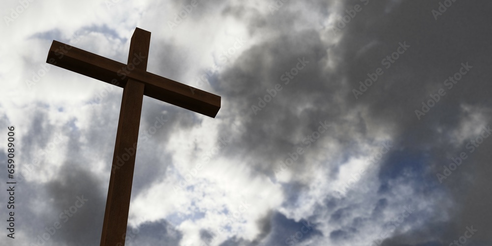 Jesus Christ christian crucifix or cross in front of stormy sky with dark clouds, god, resurrection or christianity concept Jesus Christ christian crucifix or cross in front of stormy sky with dark clouds, god, resurrection or christianity concept