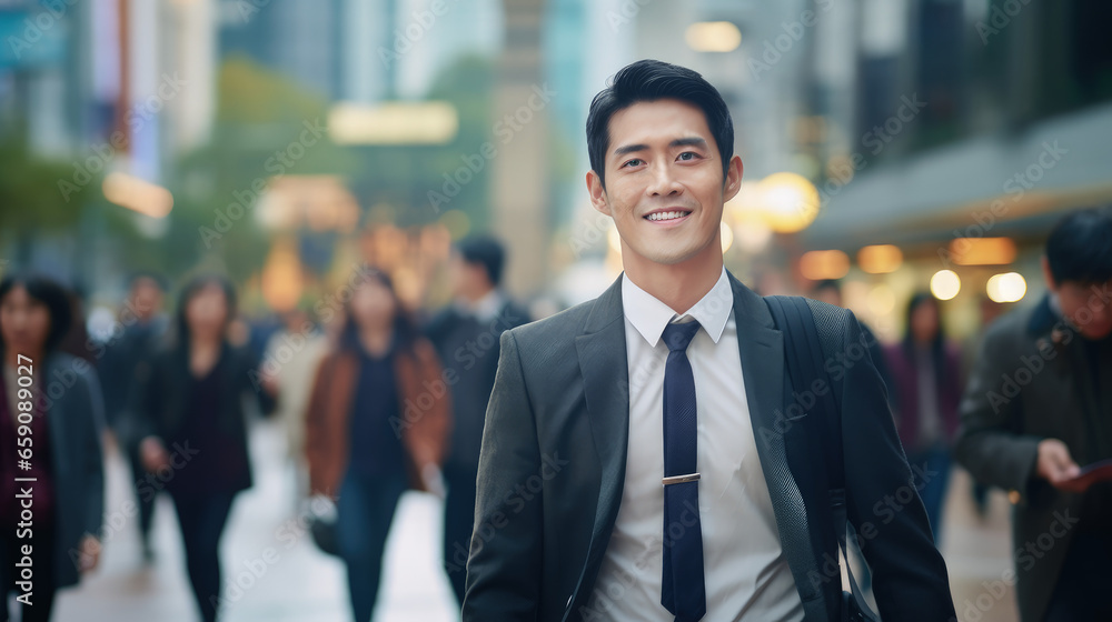 This image features a cheerful Asian businessman in a suit walking through a bustling city street on his way to the office, with the blurred street enhancing the urban vibe. This image features a cheerful Asian businessman in a suit walking through a bustling city street on his way to the office, with the blurred street enhancing the urban vibe.