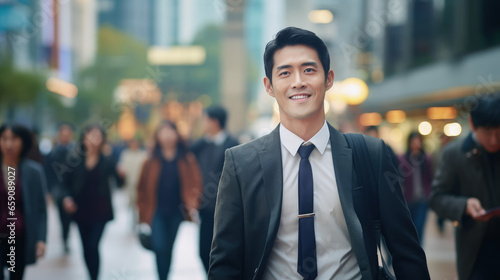 This image features a cheerful Asian businessman in a suit walking through a bustling city street on his way to the office, with the blurred street enhancing the urban vibe.