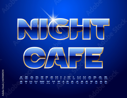 Vector elite Emblem Night Cafe. ModernBlue Font. Artistic Alphabet Letters and Numbers set