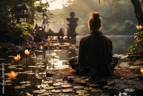 A person meditates in a Zen garden, connecting with the earth's natural energy.