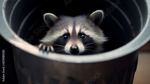 Raccoon peeking out of a trash can outdoors close up
