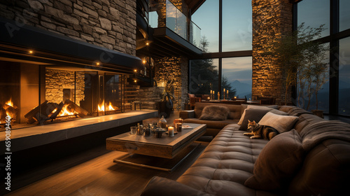 A luxurious chalet living room with a massive stone fireplace, a cat lounging on a leather sofa, and a dog keeping watch by the towering hearth