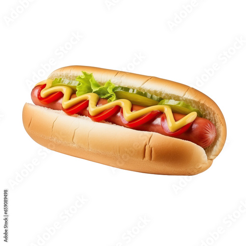hot dog sandwich isolated on a transparent background, cutout ready for placement.,png