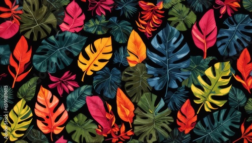 Tropical leaves in a bright coloured pattern on a dark background   © Akein Rashmith