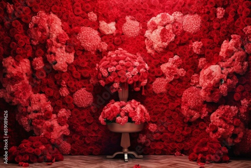 Vibrant wall of red carnation blooms, exuding romance and elegance. Captivating arrangement of beautiful flowers in a 3D-rendered artwork. Generative AI