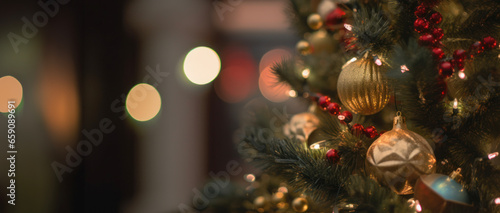 Fragment of a festively decorated Christmas tree with a blurred bokeh of lights in the far background