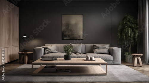 Modern living room with grey sofa and wooden coffee table © artchvit