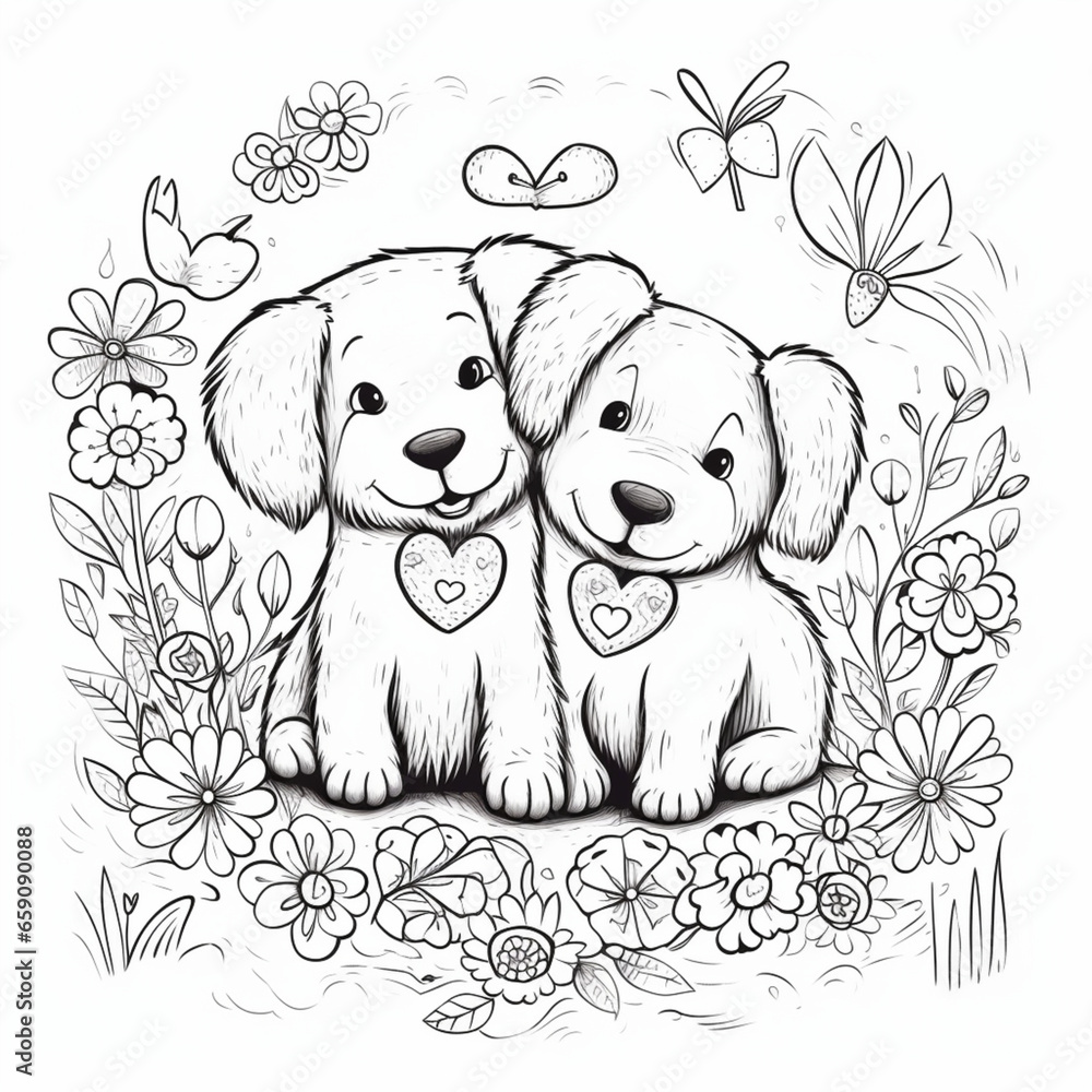 Fototapeta premium Cat dog friends who are in a heart of love and friendship day, coloring page