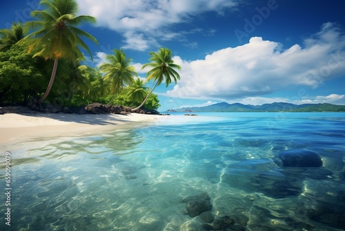 A desirable tropical island beach landscape with clear water. Generative AI © Harper