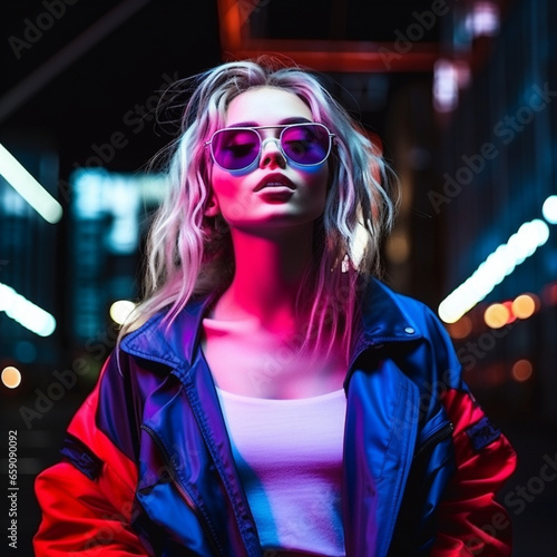 Young girl with a very youthful and fashionable look, she is at night with neon lights