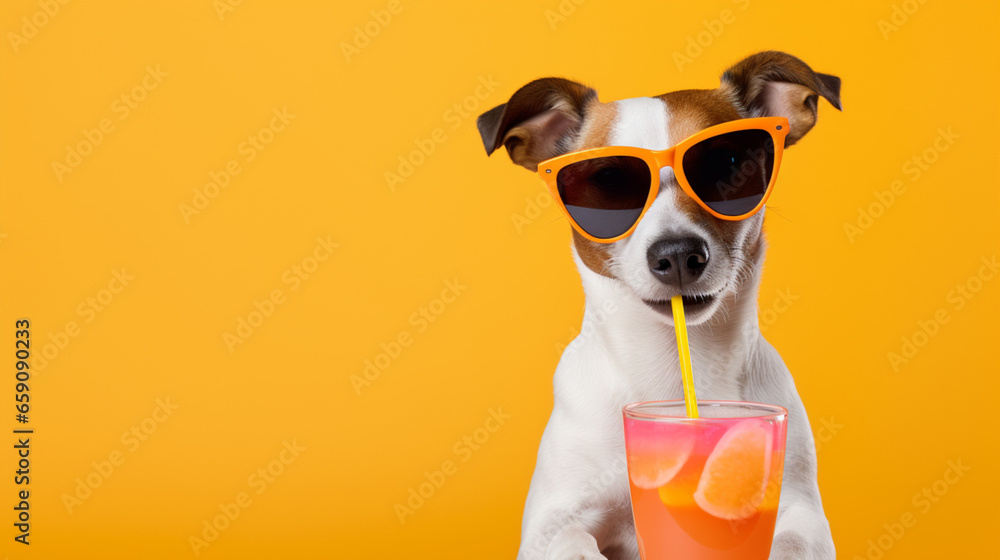 A happy jack russell drinks an orange, citrus drink or soft drink, on a yellow background A happy jack russell drinks an orange, citrus drink or soft drink, on a yellow background