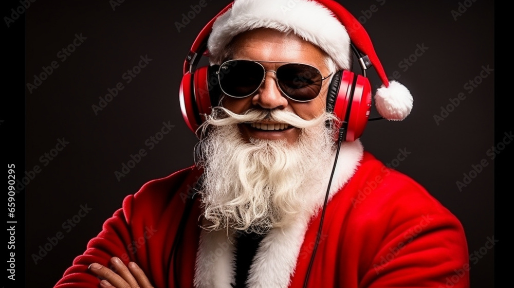 Santa Claus or Santa Claus is happy because it is Christmas and he uses headphones and sunglasses Santa Claus or Santa Claus is happy because it is Christmas and he uses headphones and sunglasses