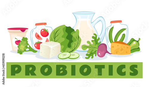 Food probiotic prebiotic difference health diet concept. Vector flat graphic design illustration