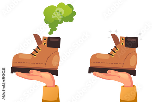 Shoe boots clean and dirty smelly sweaty concept. Vector flat graphic design illustration
