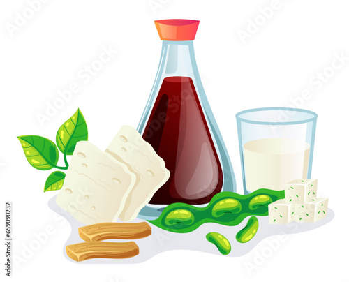 Soy product milk oil food protein soya bean oat concept. Vector flat graphic design illustration